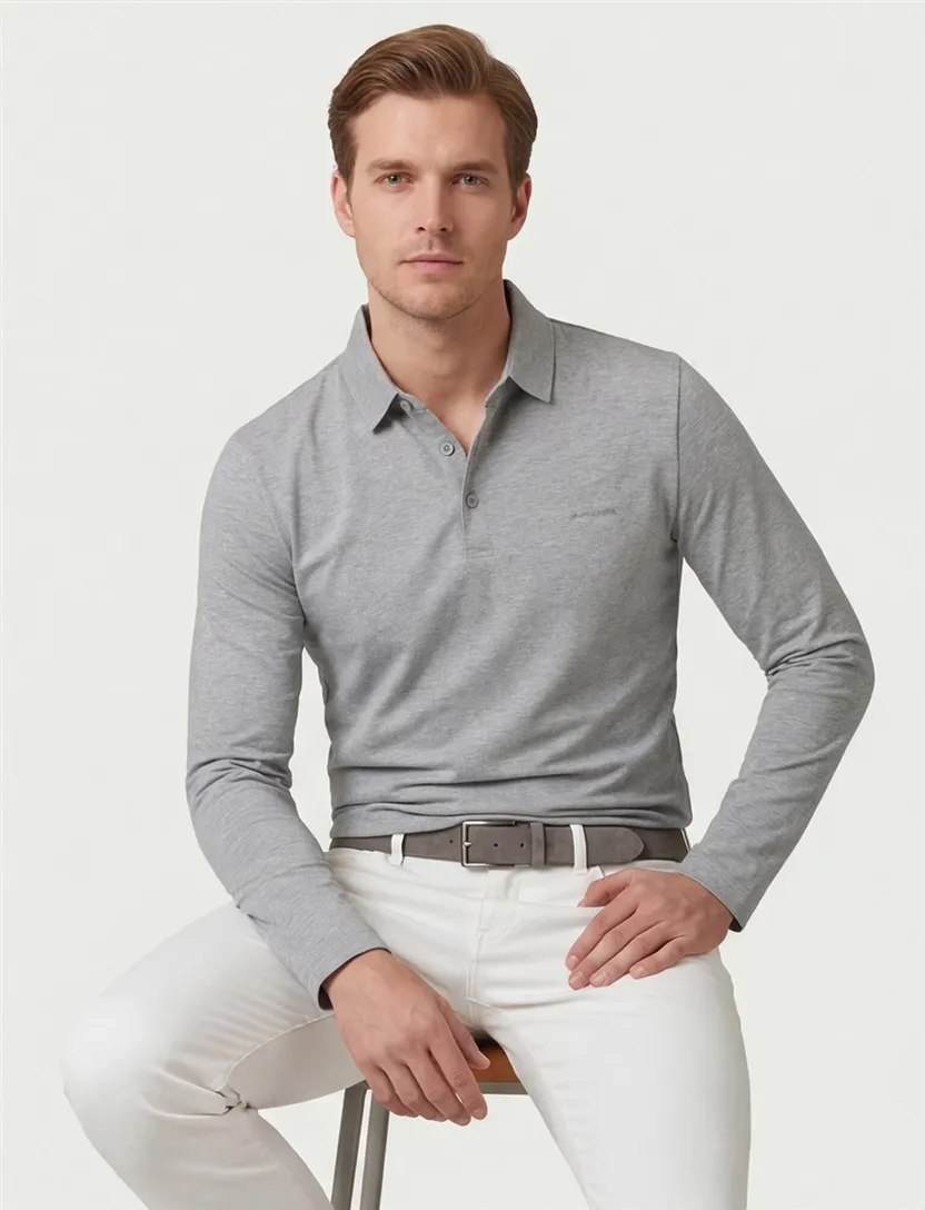 Lange mouwen polo Pierre Cardin normale fit grijs effen katoen