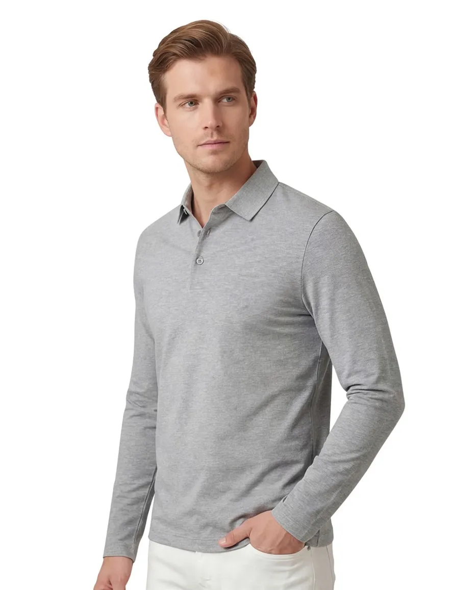 Pierre Cardin polo lange mouw normale fit grijs effen katoen