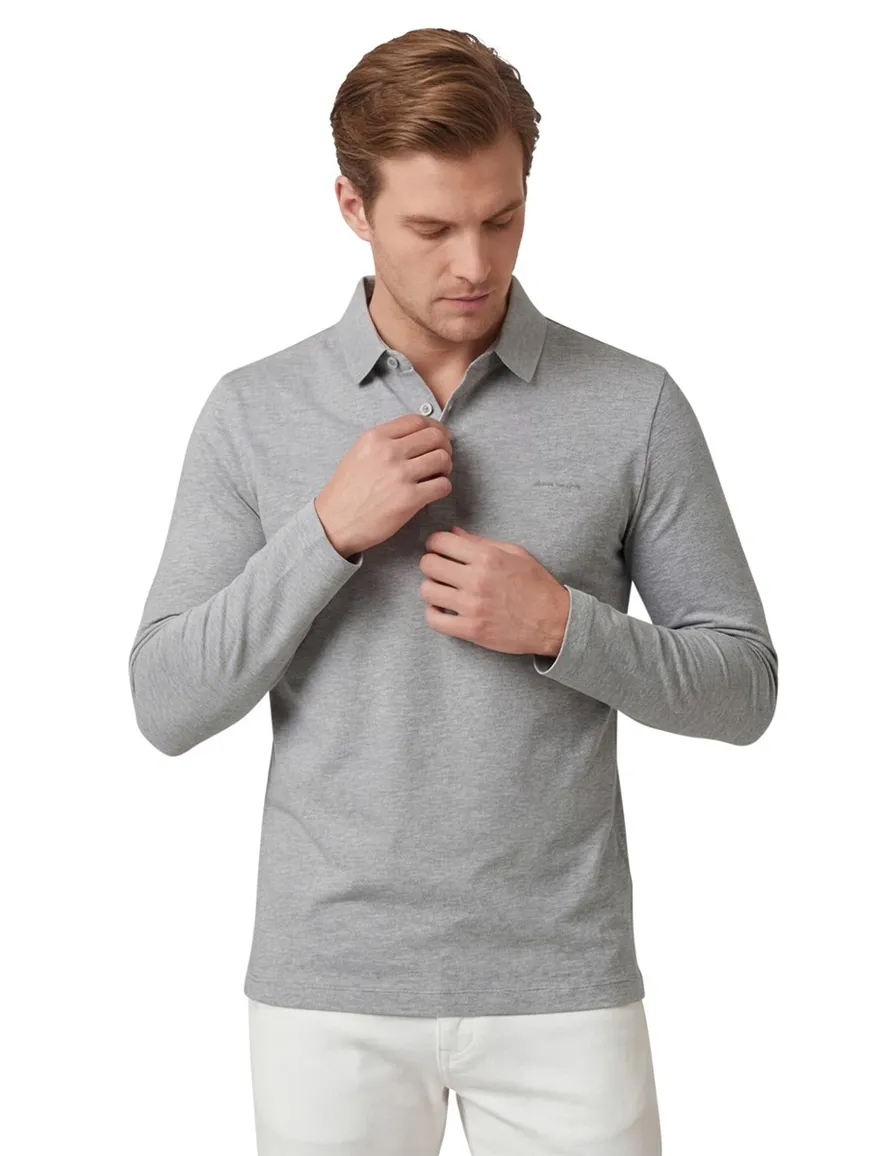 Pierre Cardin polo lange mouw normale fit grijs effen katoen