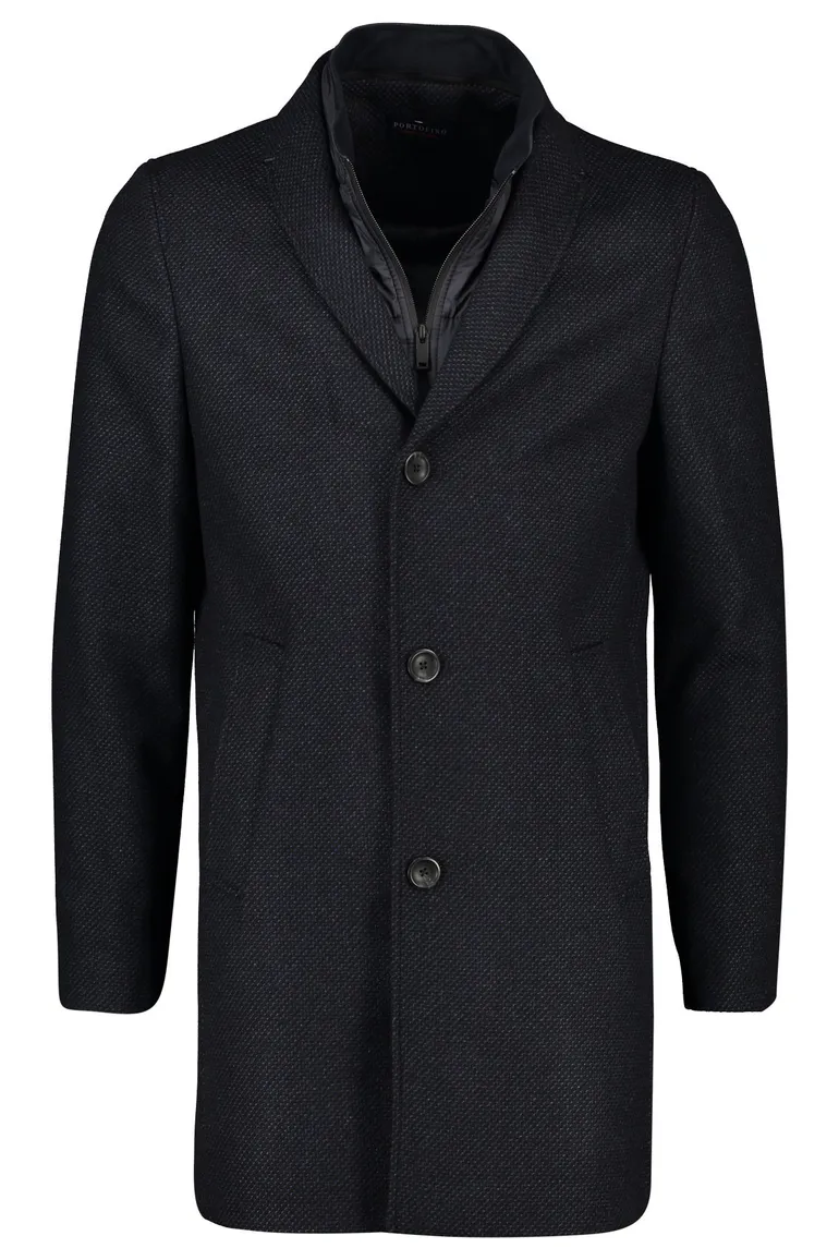 Winterjas Portofino donkerblauw effen rits + knoop normale fit katoen