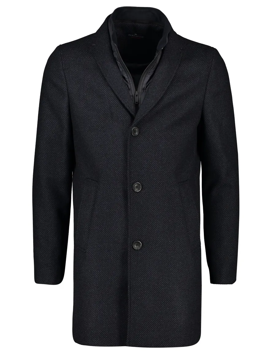 Winterjas Portofino donkerblauw effen rits + knoop normale fit katoen