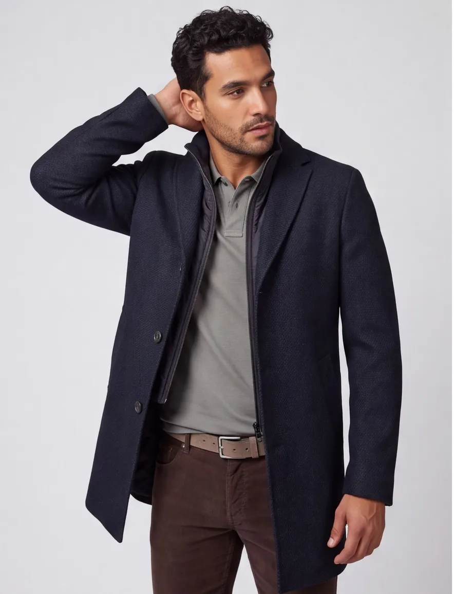 Winterjas Portofino donkerblauw effen rits + knoop normale fit katoen