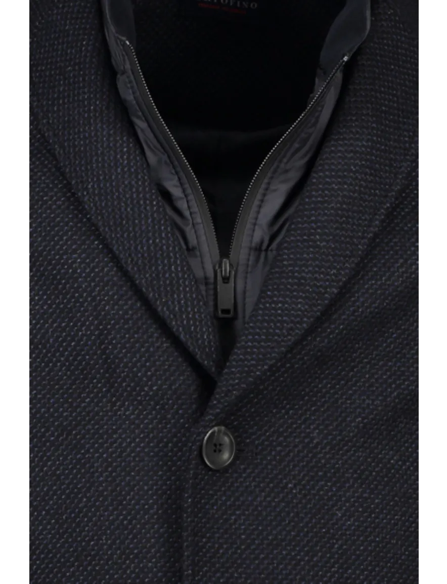 Winterjas Portofino donkerblauw effen rits + knoop normale fit katoen