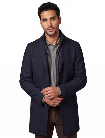 Portofino Winterjas Portofino donkerblauw effen rits + knoop normale fit katoen