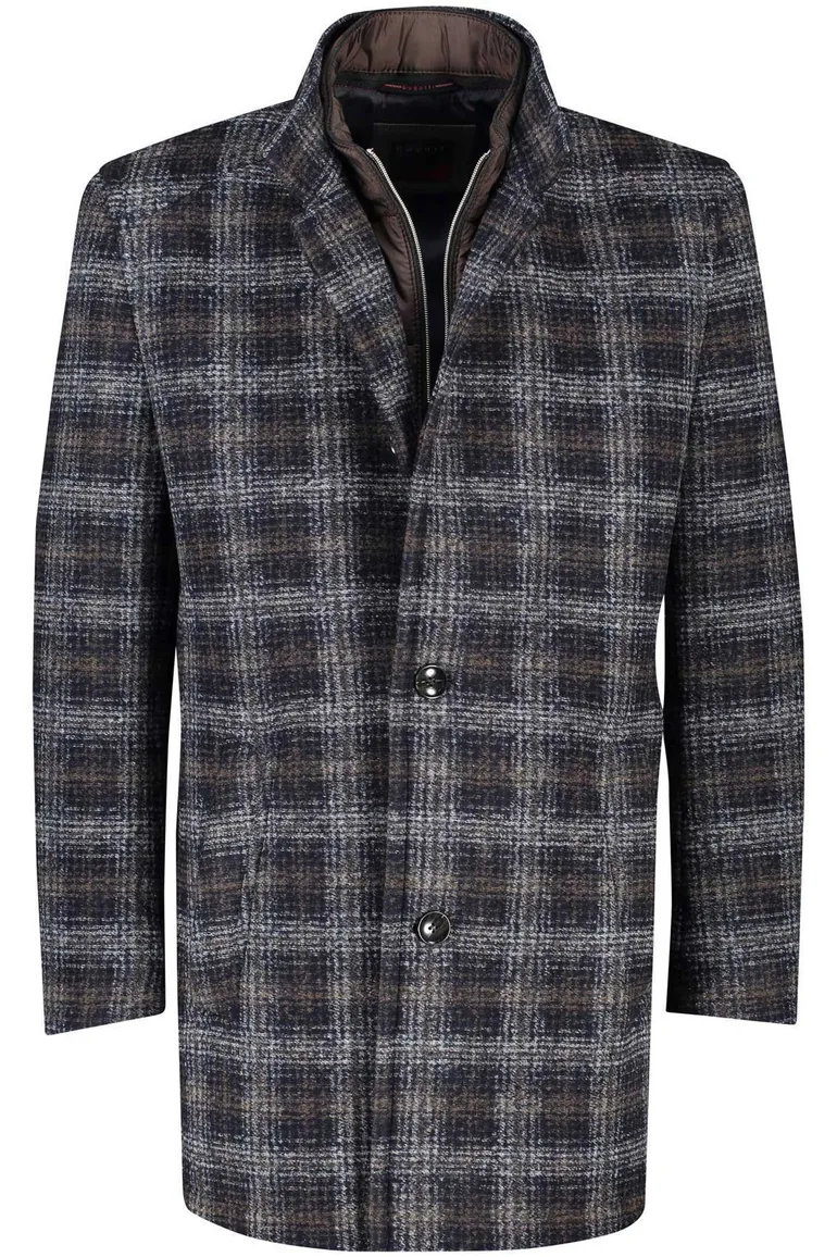 Bugatti winterjas donkerblauw geruit rits + knoop wijde fit