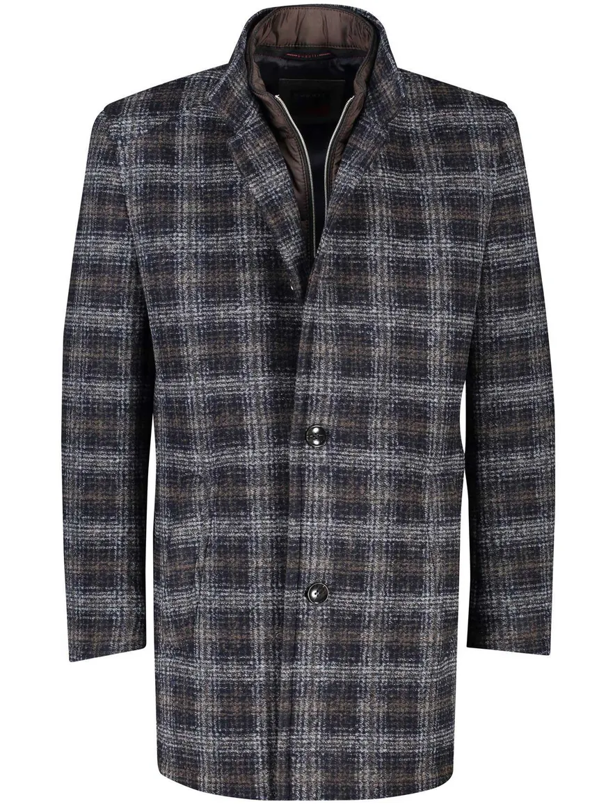 Bugatti winterjas donkerblauw geruit rits + knoop wijde fit
