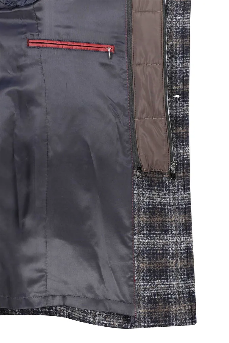 Bugatti winterjas donkerblauw geruit rits + knoop wijde fit