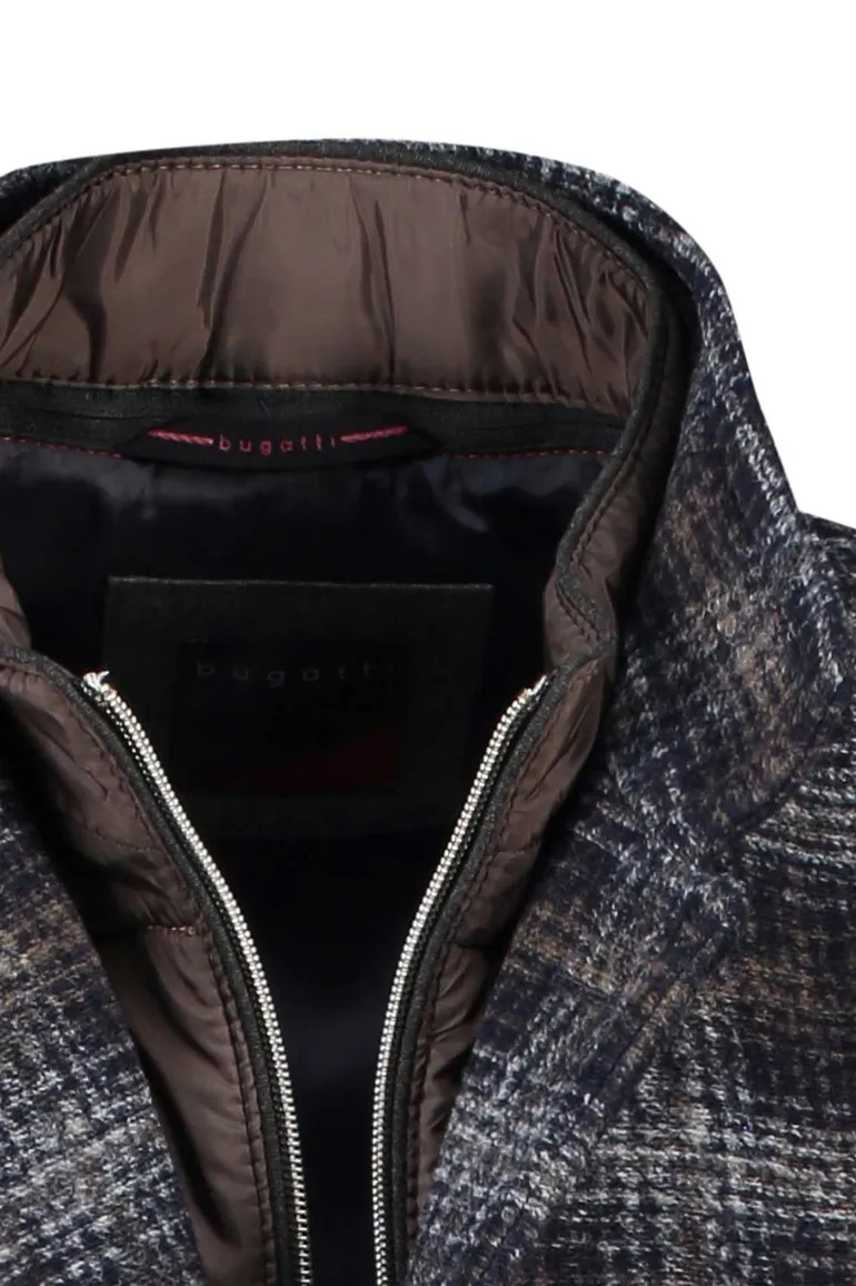 Bugatti winterjas donkerblauw geruit rits + knoop wijde fit