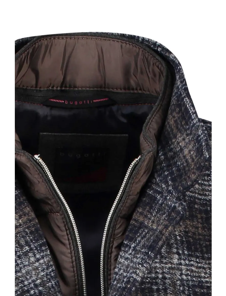 Bugatti winterjas donkerblauw geruit rits + knoop wijde fit
