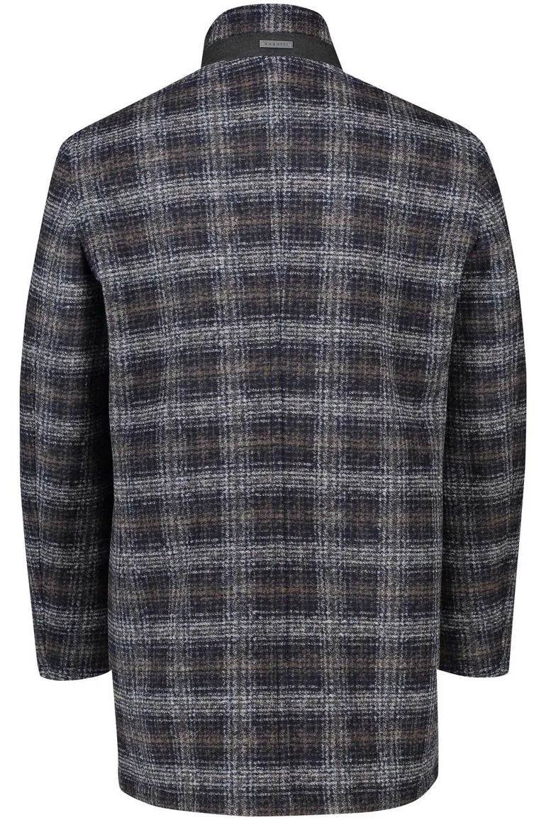 Bugatti winterjas donkerblauw geruit rits + knoop wijde fit