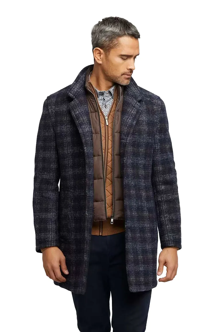 Bugatti winterjas donkerblauw geruit rits + knoop wijde fit