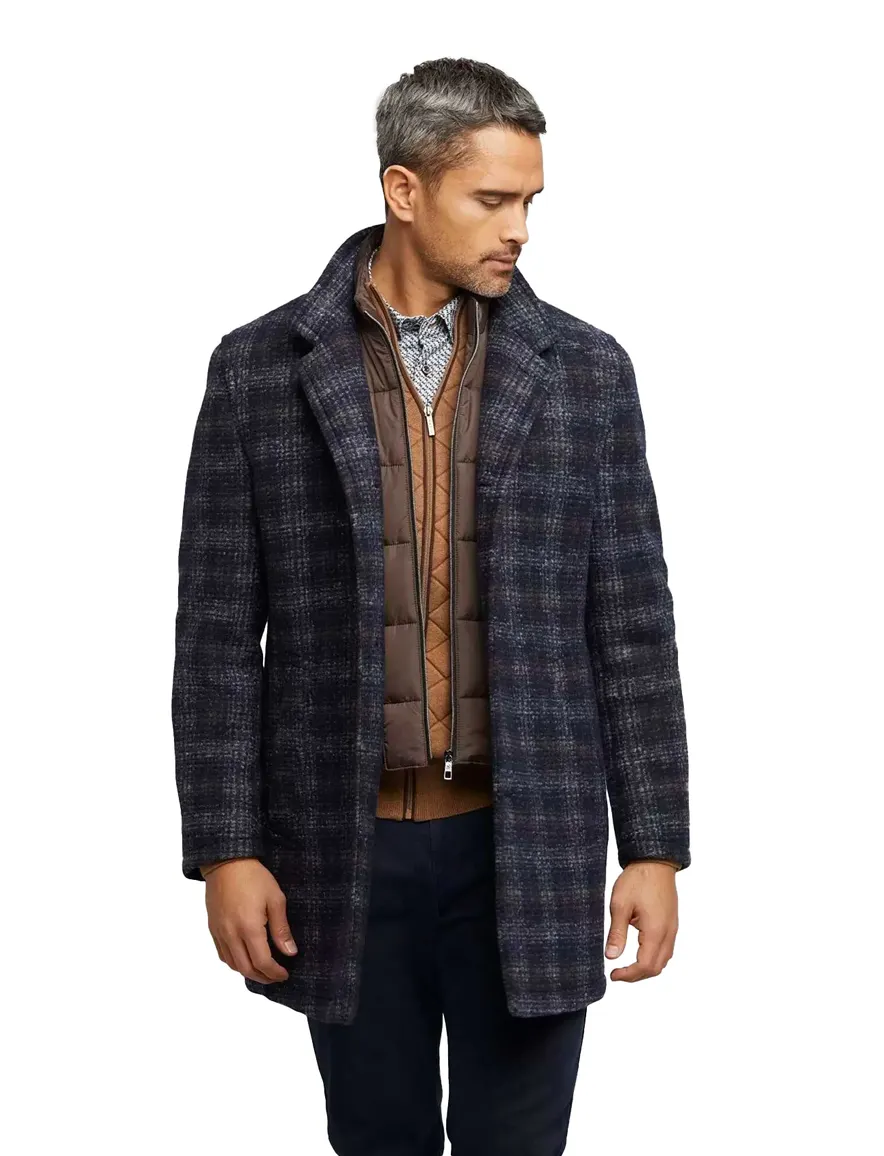 Bugatti winterjas donkerblauw geruit rits + knoop wijde fit