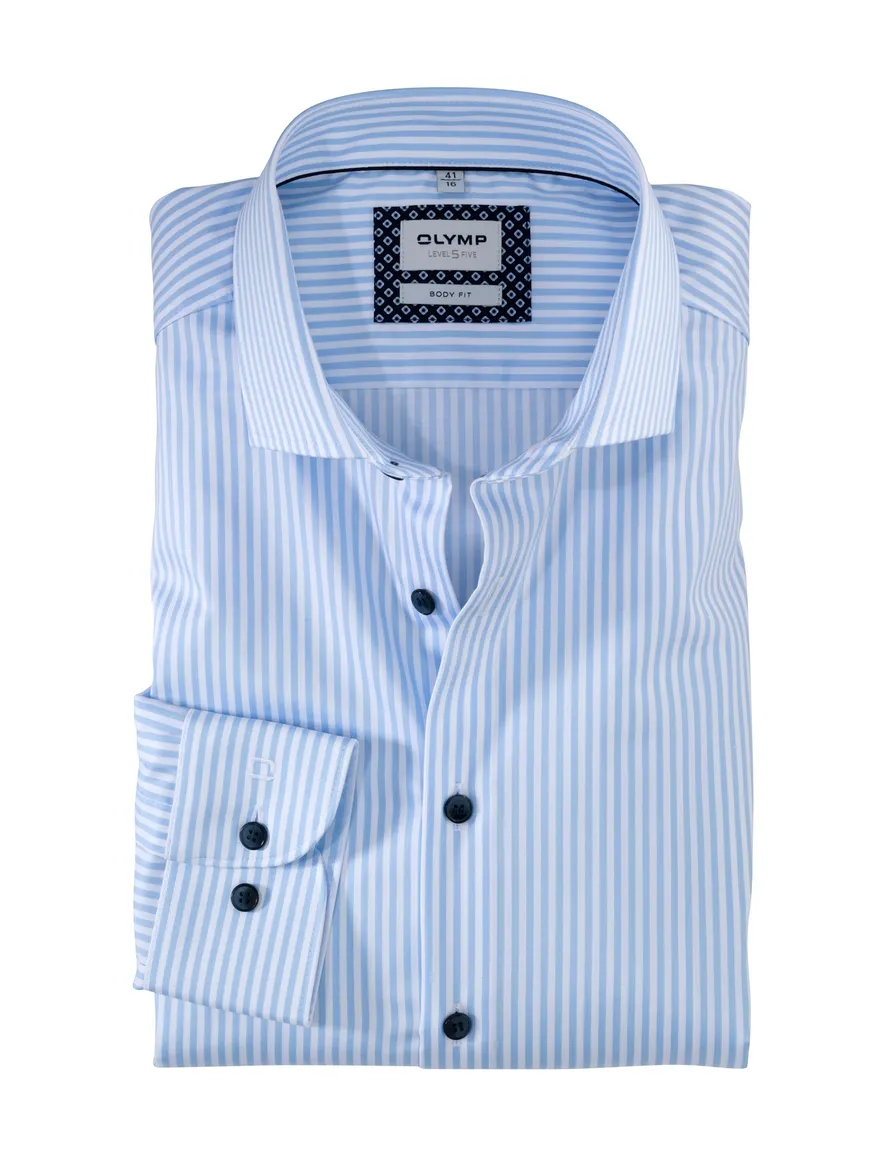 overhemd mouwlengte 7 Olymp Level Five blauw gestreept katoen extra slim fit
