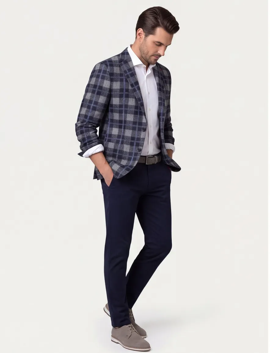 Roy Robson colbert blauw geruit slim fit