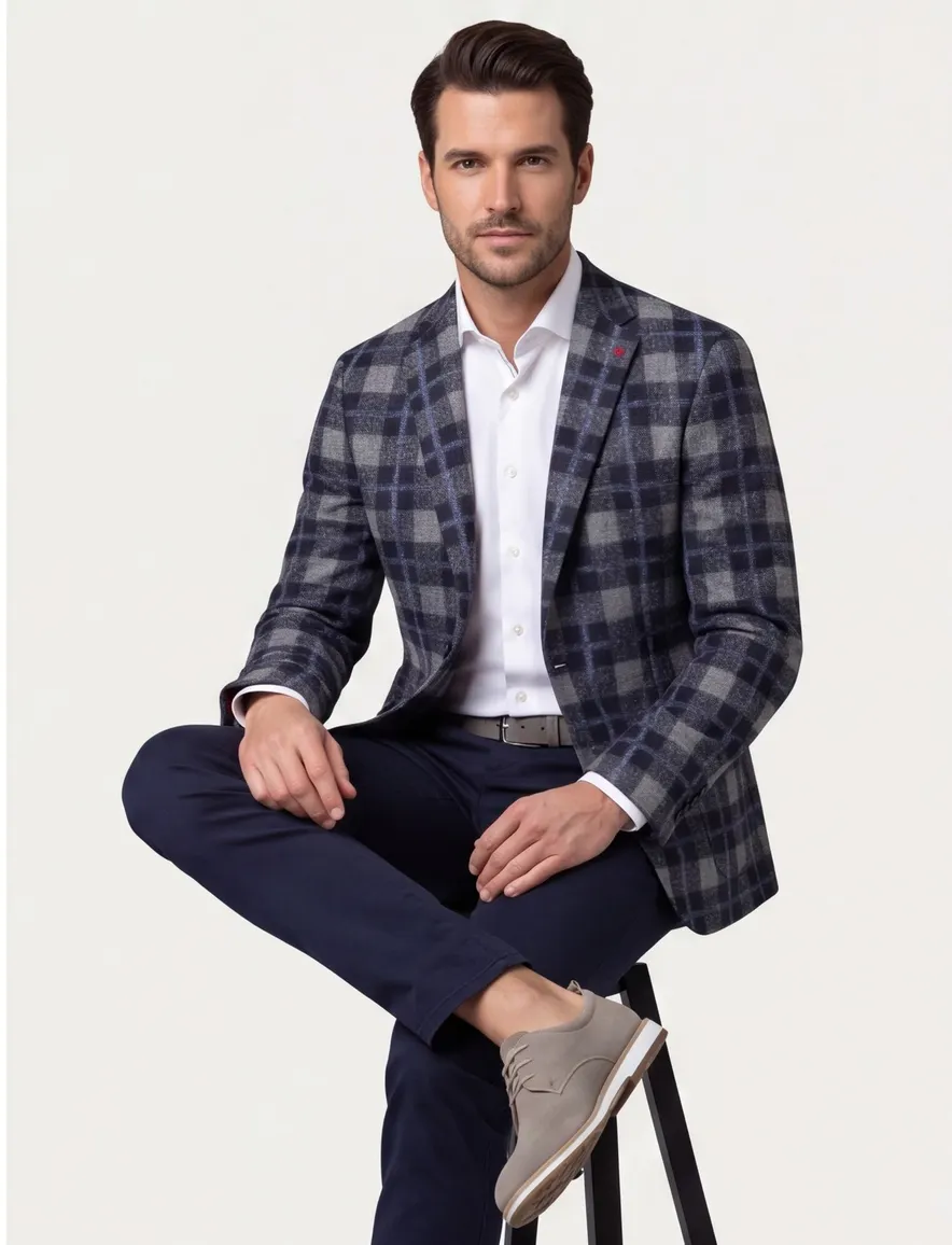 Roy Robson colbert blauw geruit slim fit