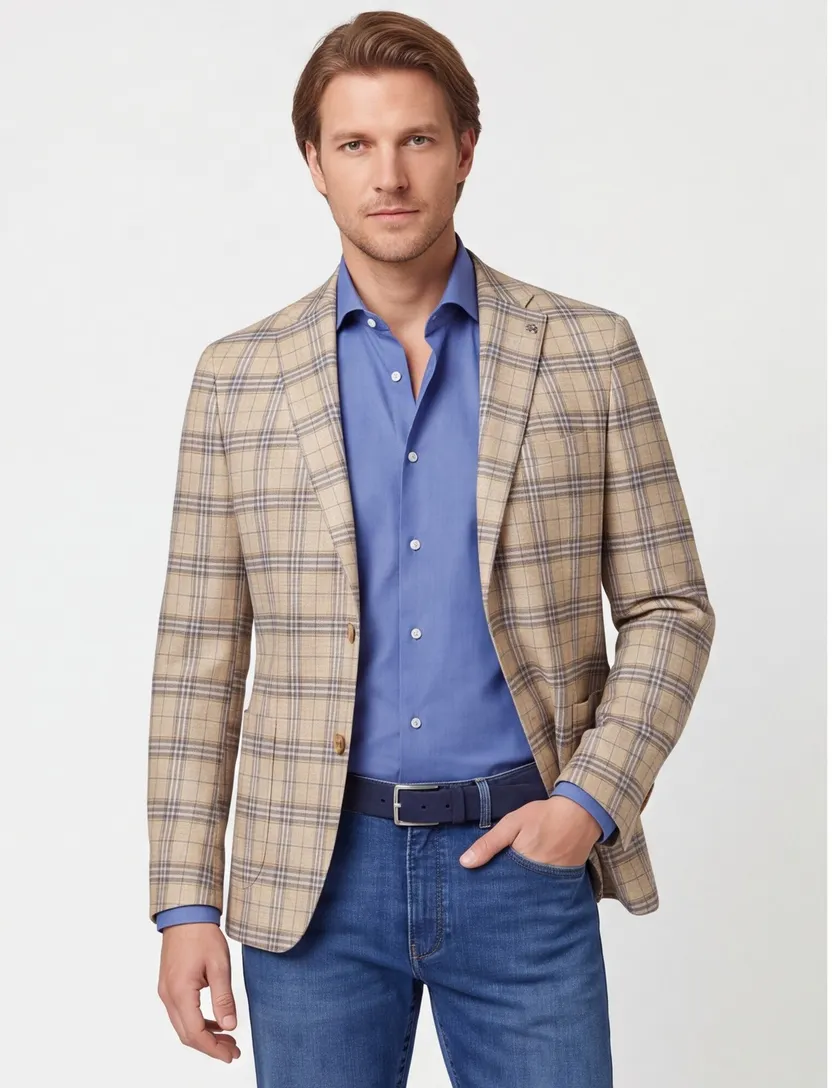 Digel colbert wol normale fit zakken beige geruit