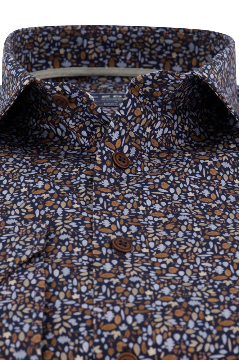 Ledub geprint overhemd modern fit strijkvrij bruin katoen