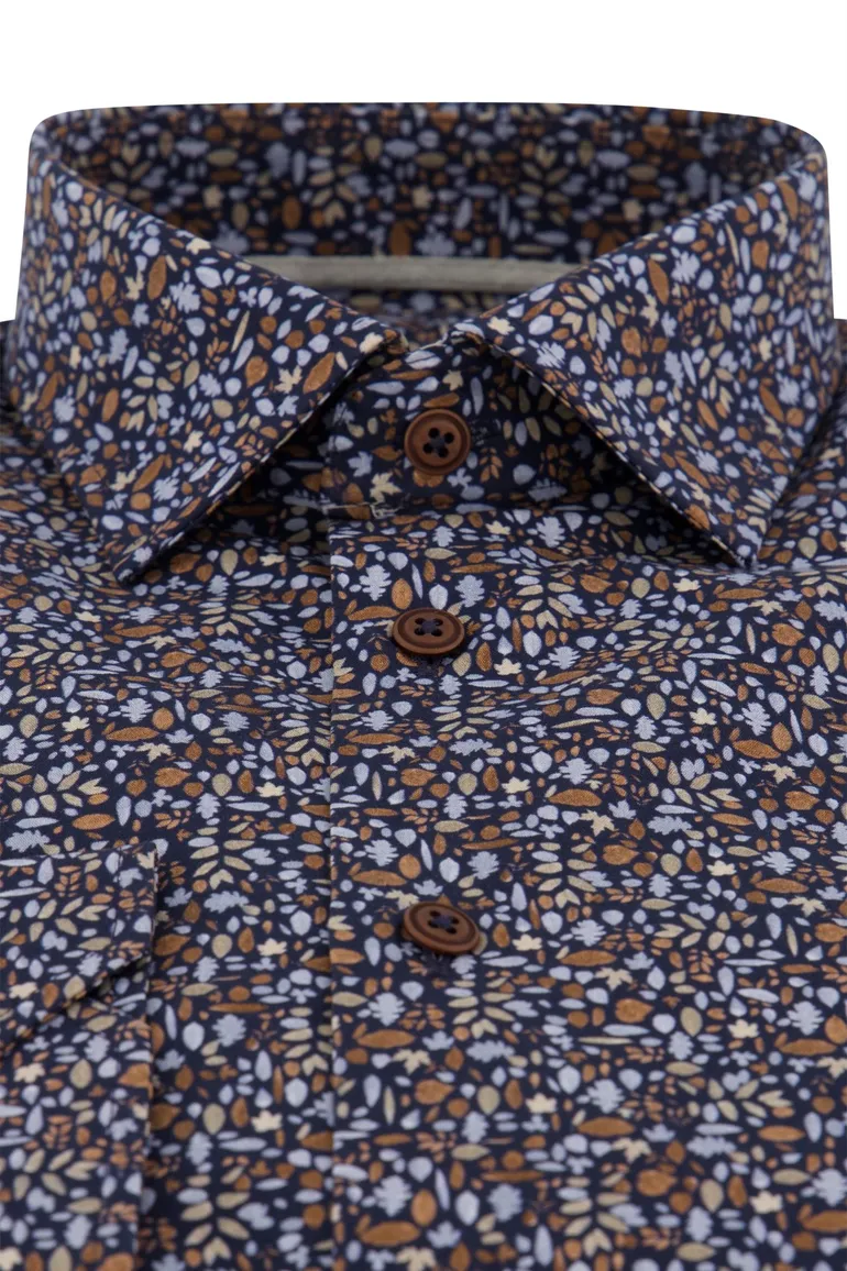 Ledub geprint overhemd modern fit strijkvrij bruin katoen