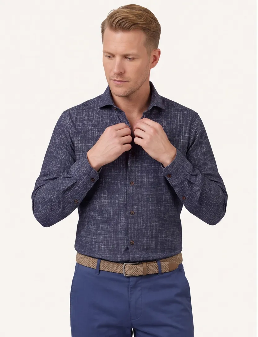John Miller overhemd tailored fit Navy stretch katoen gemêleerd