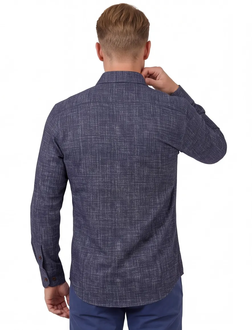 John Miller Tailored Fit overhemd stretch donkerblauw gemêleerd