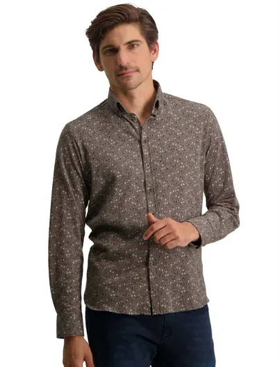 State of Art State of Art casual overhemd bruin geprint wijde fit katoen