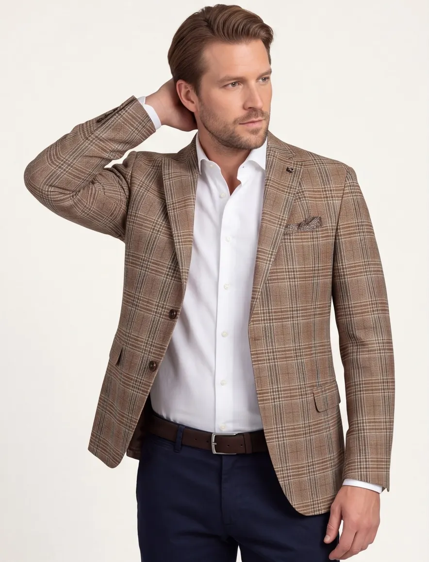 Carl Gross colbert bruin geruit wol normale fit