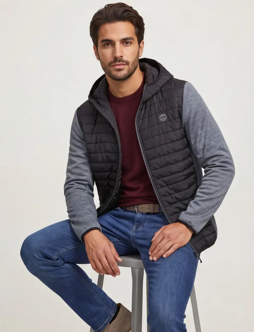 Jack & Jones Plus Size tussenjas zwart grijs effen rits normale fit