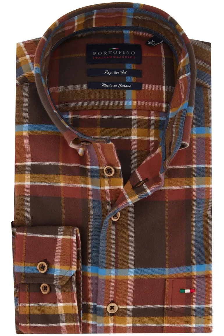 Portofino casual overhemd normale fit bruin geruit katoen