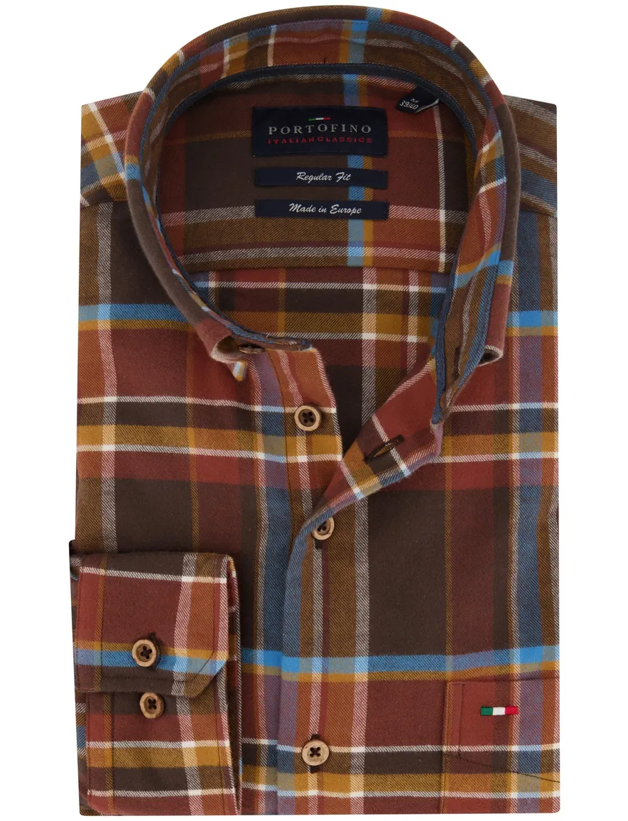 Portofino casual overhemd normale fit bruin geruit katoen