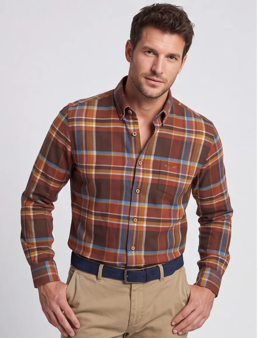 Portofino casual overhemd normale fit bruin geruit katoen