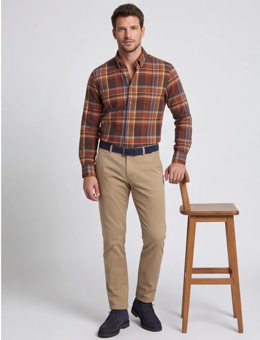 Portofino casual overhemd normale fit bruin geruit katoen