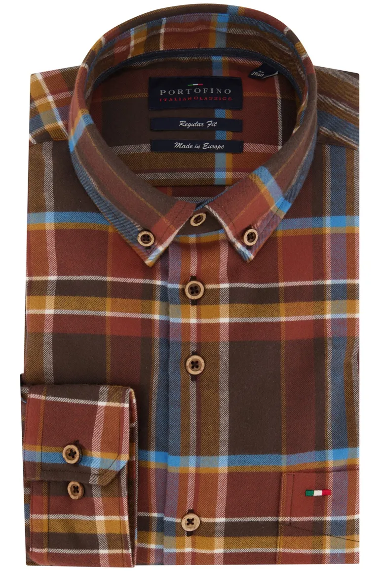 Portofino casual overhemd normale fit bruin geruit katoen