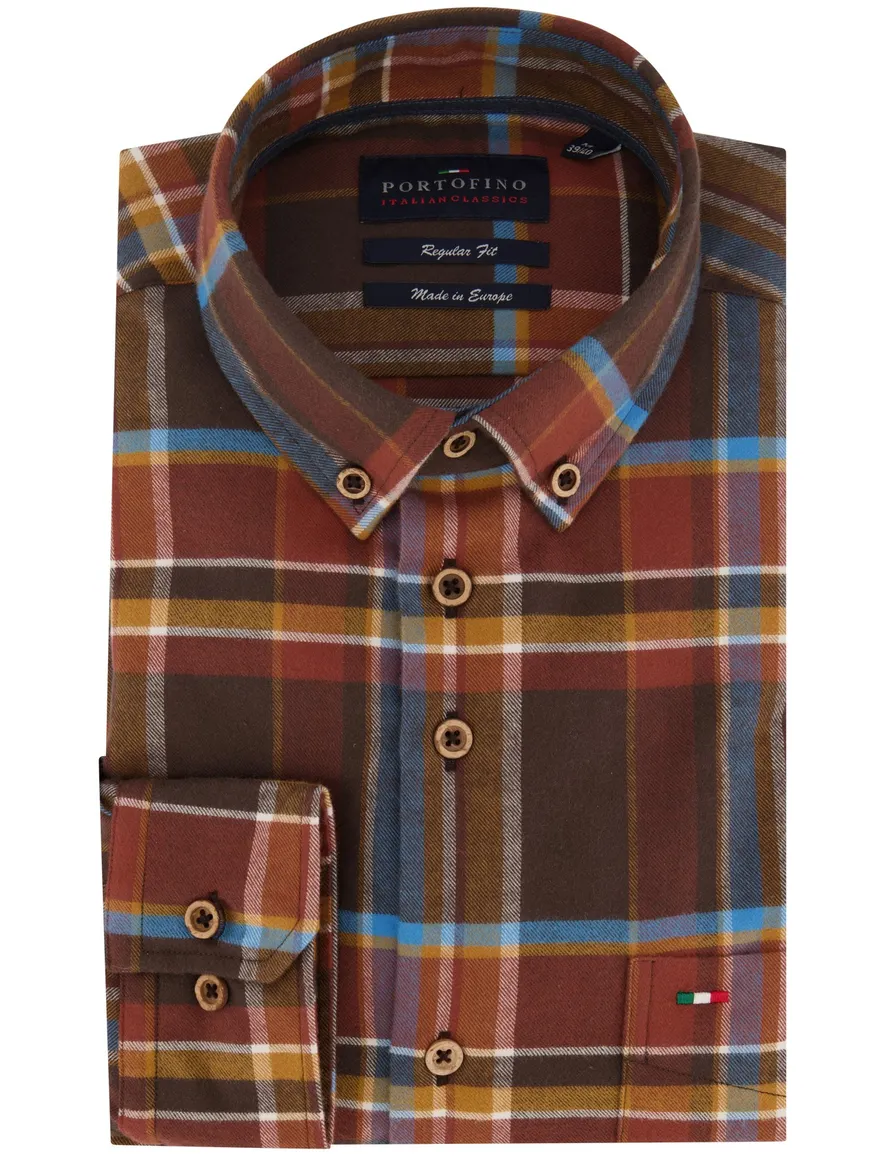 Portofino casual overhemd normale fit bruin geruit katoen