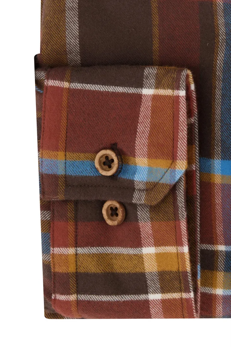 Portofino casual overhemd normale fit bruin geruit katoen