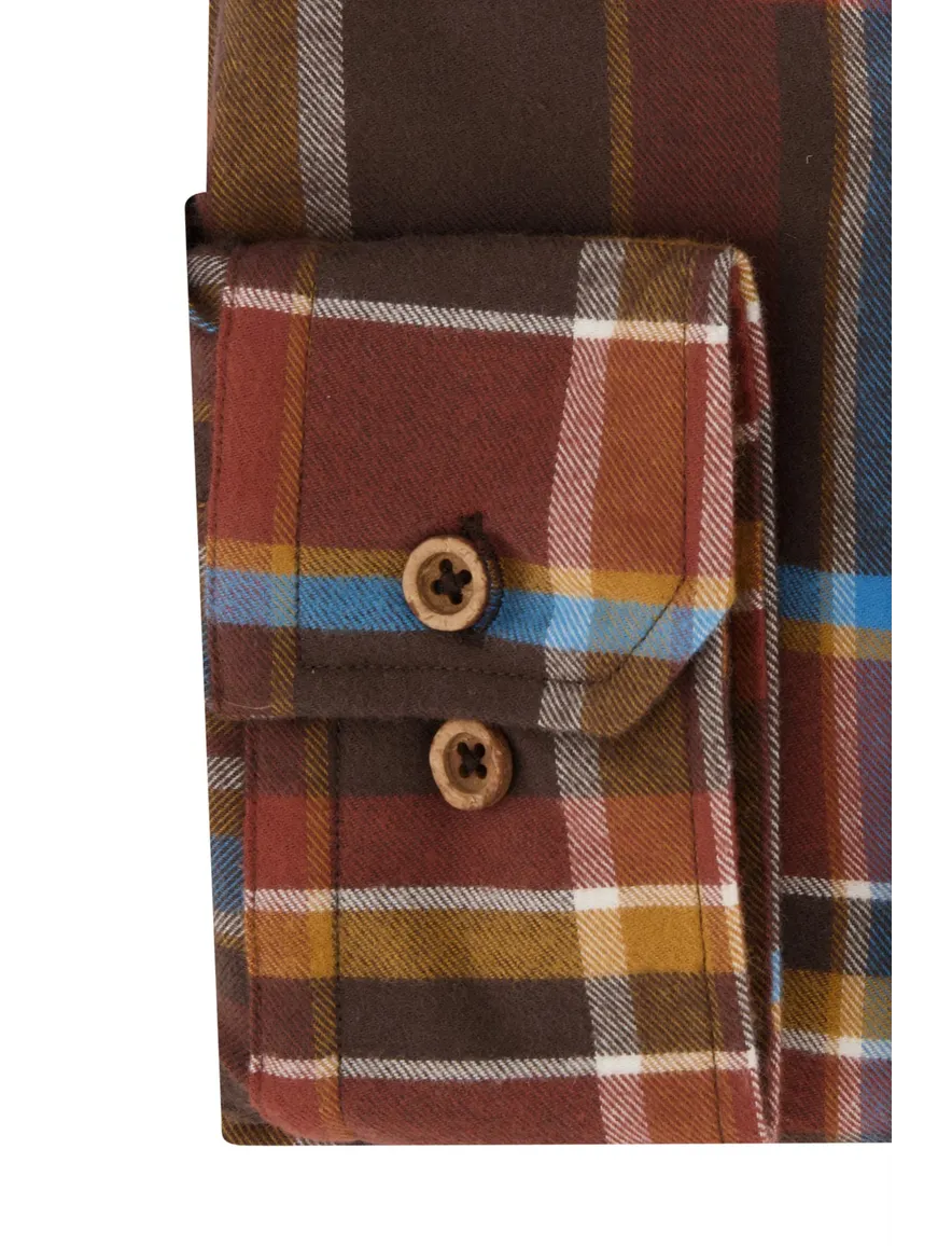 Portofino casual overhemd normale fit bruin geruit katoen