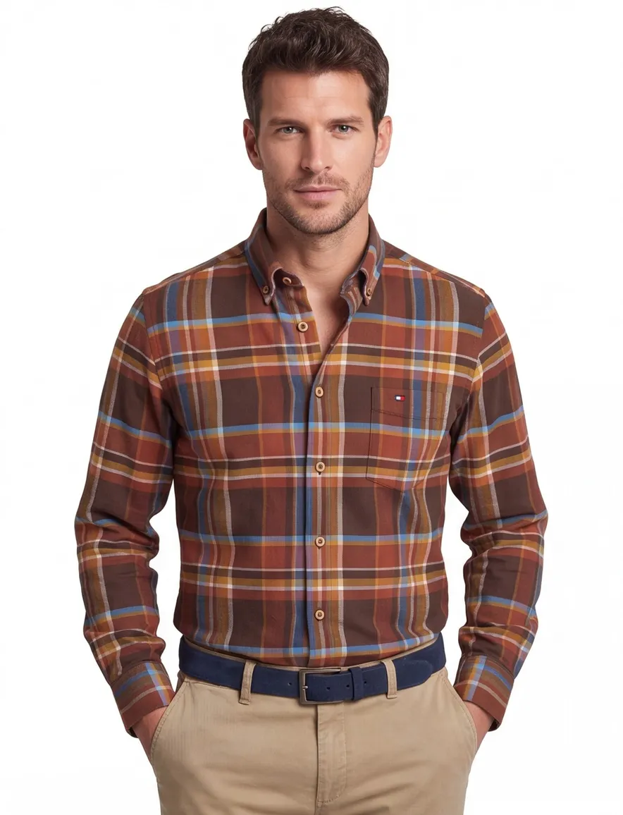 Portofino casual overhemd normale fit bruin geruit katoen