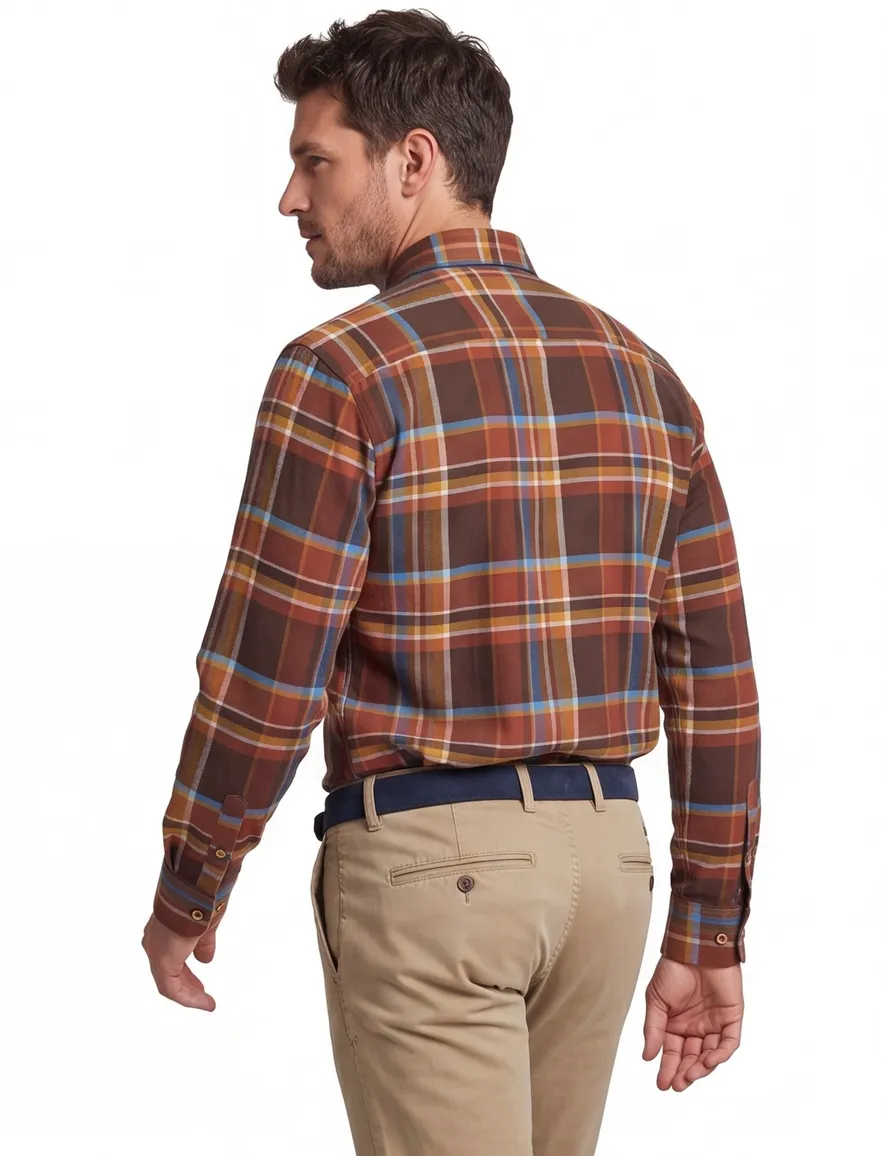 Portofino casual overhemd normale fit bruin geruit katoen