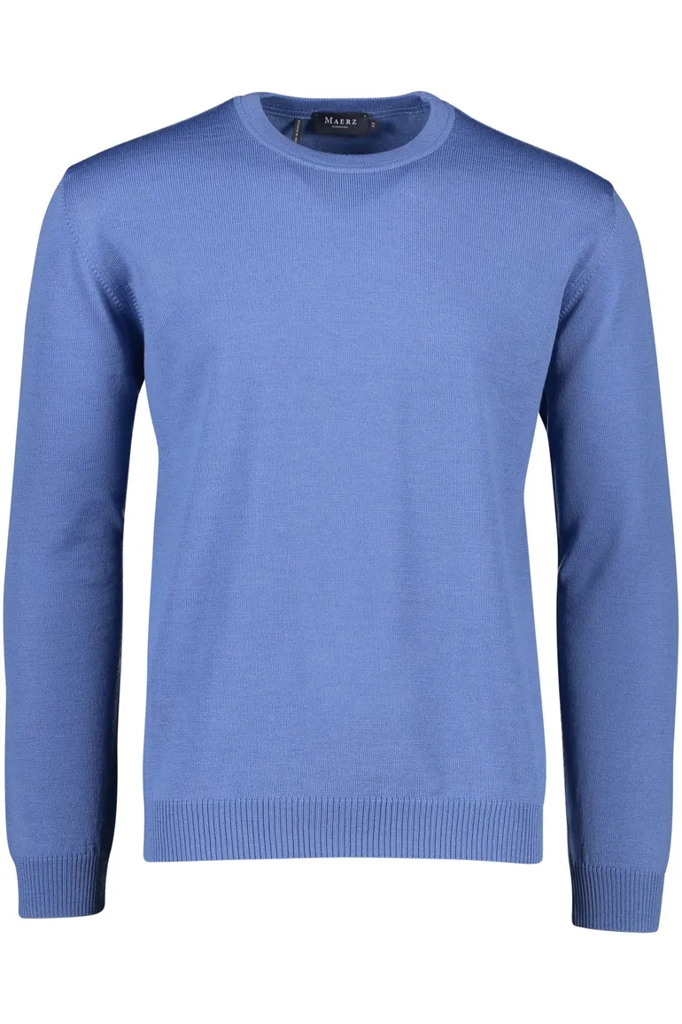 Maerz trui ronde hals blauw effen merinowol