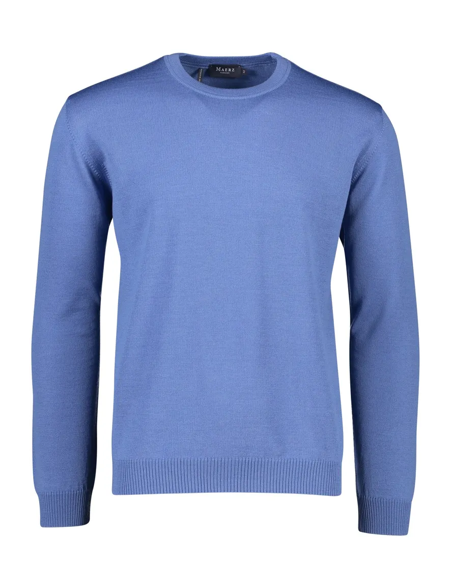 Maerz trui ronde hals blauw effen merinowol