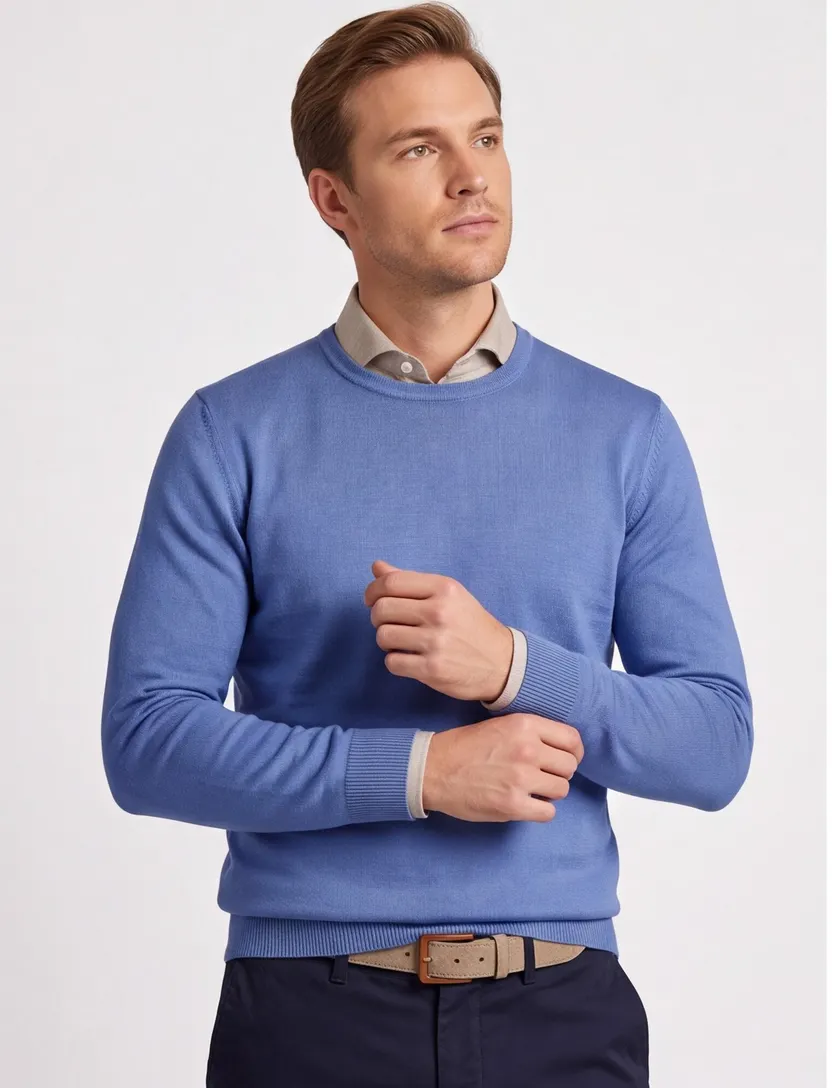 Maerz trui blauw effen merinowol ronde hals