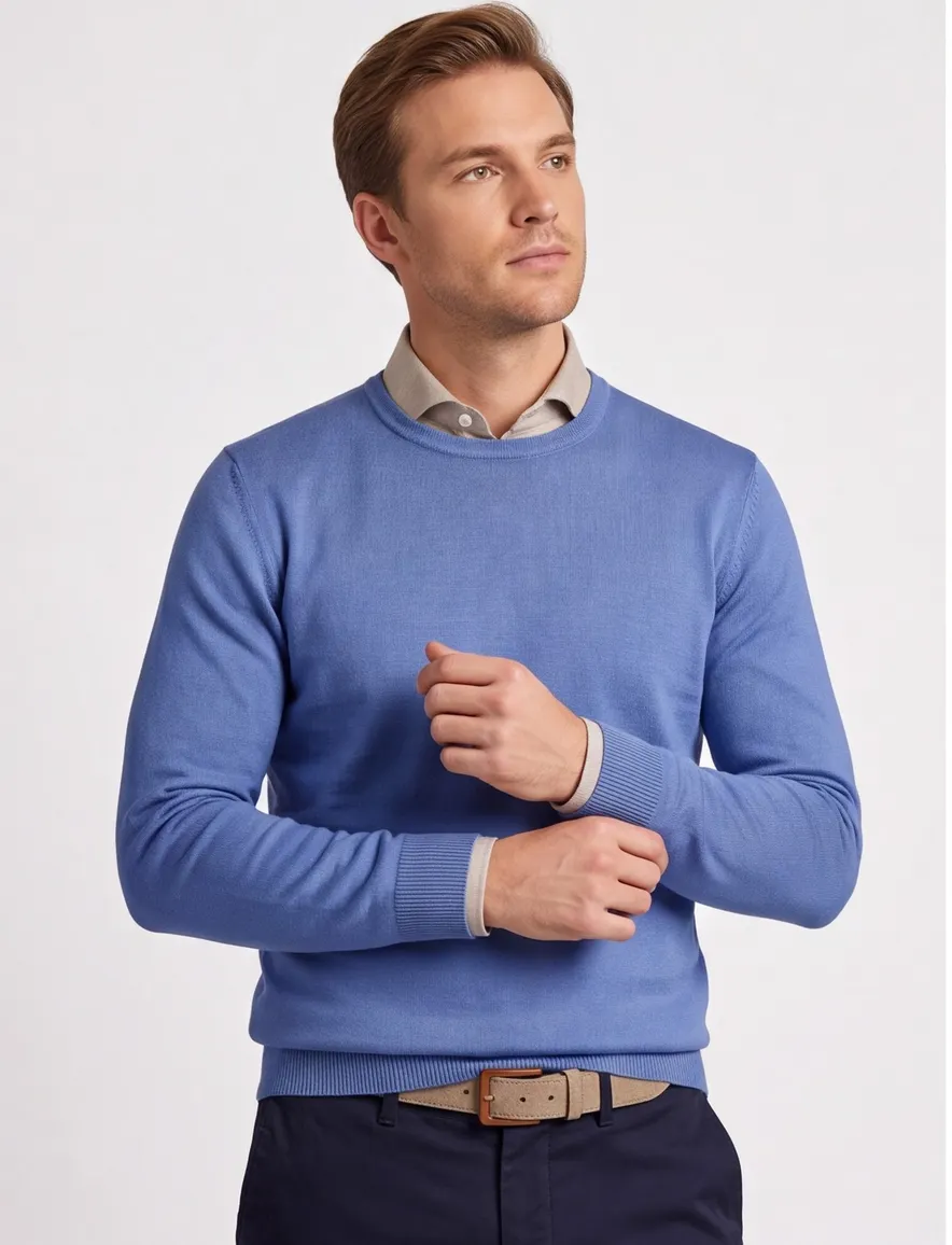 Maerz trui ronde hals blauw effen merinowol