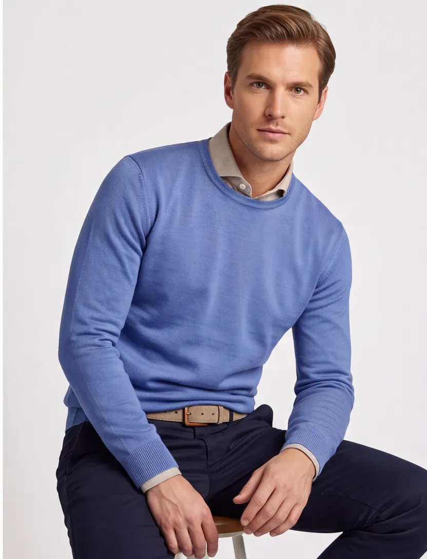 Maerz trui blauw effen merinowol ronde hals