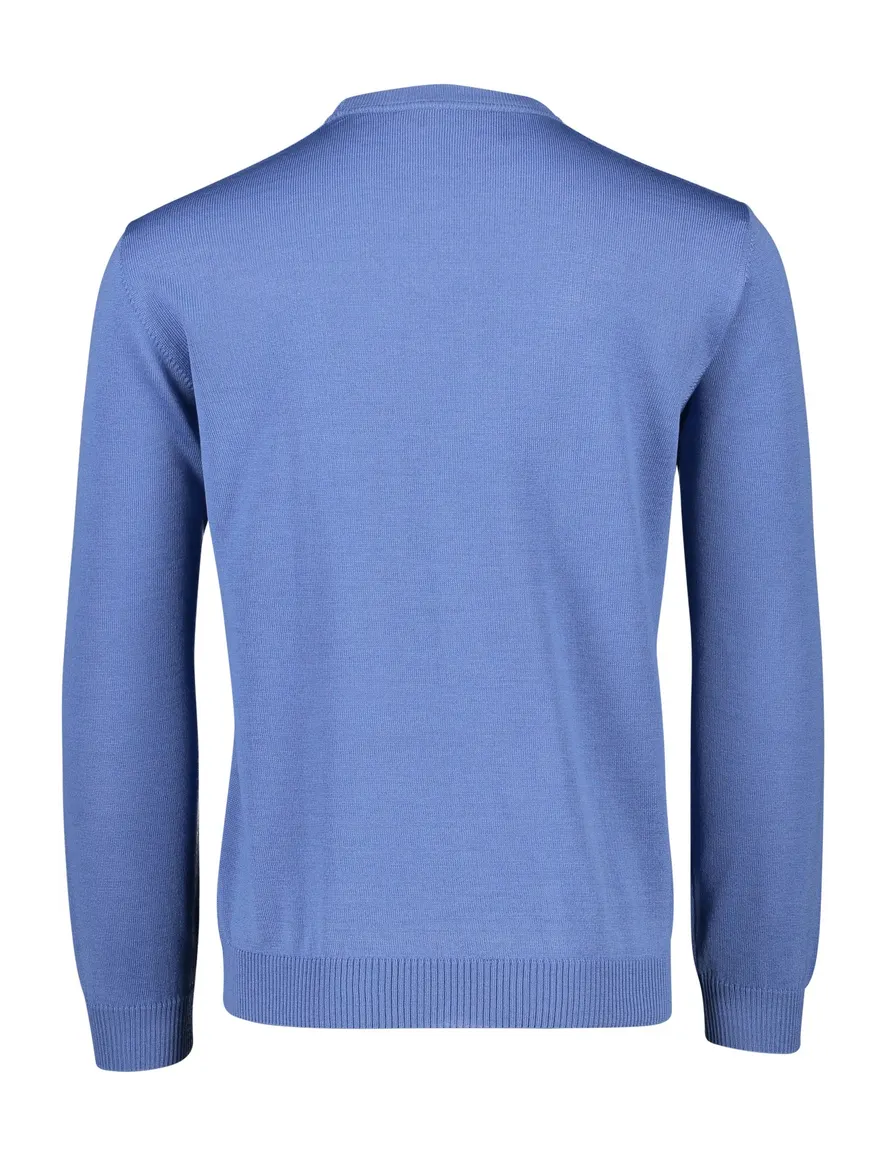 Maerz trui ronde hals blauw effen merinowol