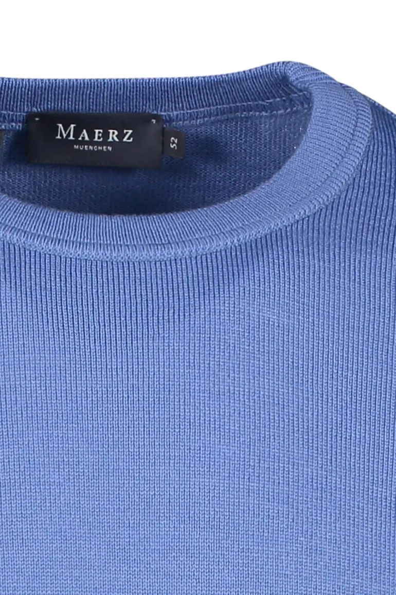 Maerz trui ronde hals blauw effen merinowol