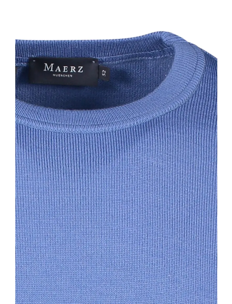 Maerz trui ronde hals blauw effen merinowol
