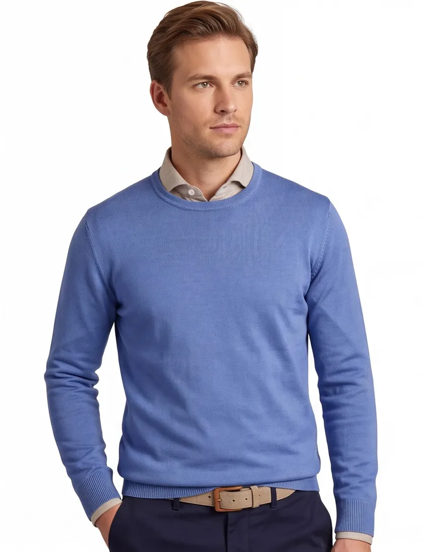 Maerz trui blauw effen merinowol ronde hals