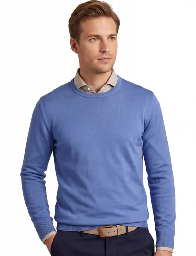 Maerz Maerz trui ronde hals blauw effen merinowol