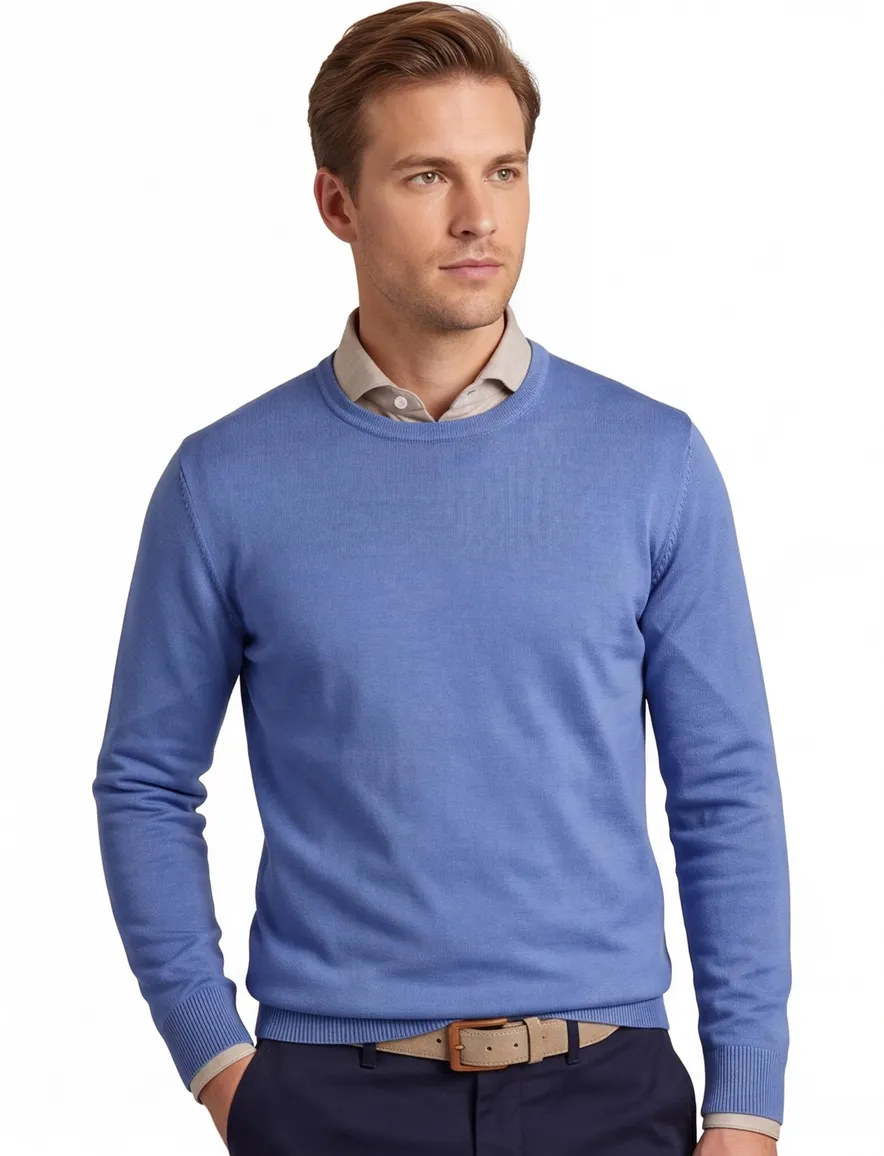 Maerz trui ronde hals blauw effen merinowol