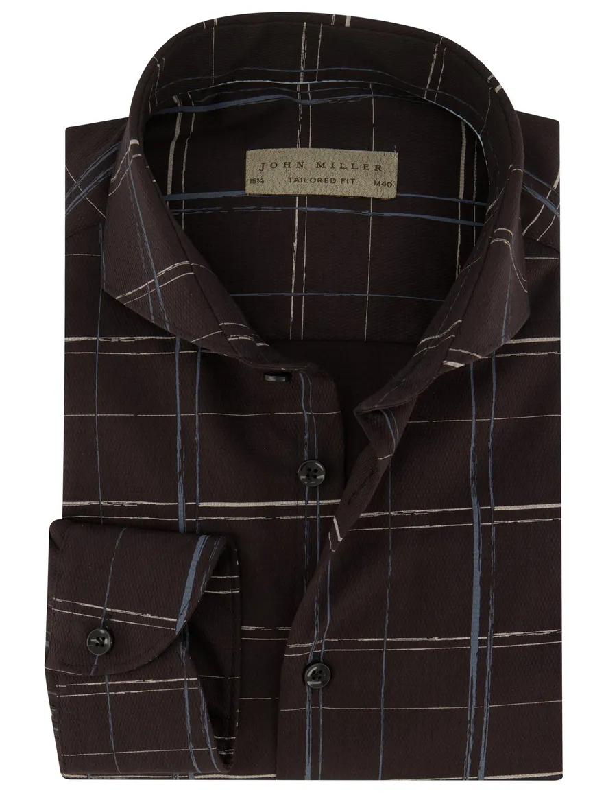 John Miller overhemd mouwlengte 7 John Miller Tailored Fit normale fit bruin geruit katoen
