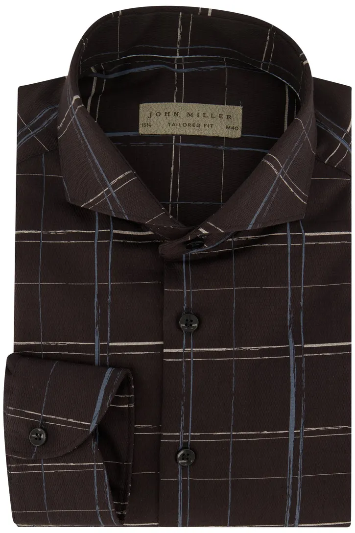 John Miller overhemd mouwlengte 7 John Miller Tailored Fit normale fit bruin geruit katoen